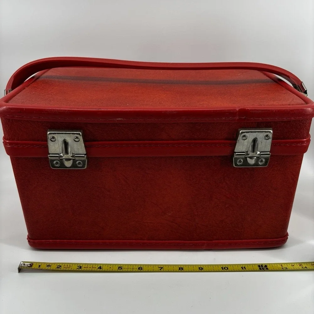 Red Orange Train Vanity Case Vintage Luggage Sesame Lined Combination Lock
